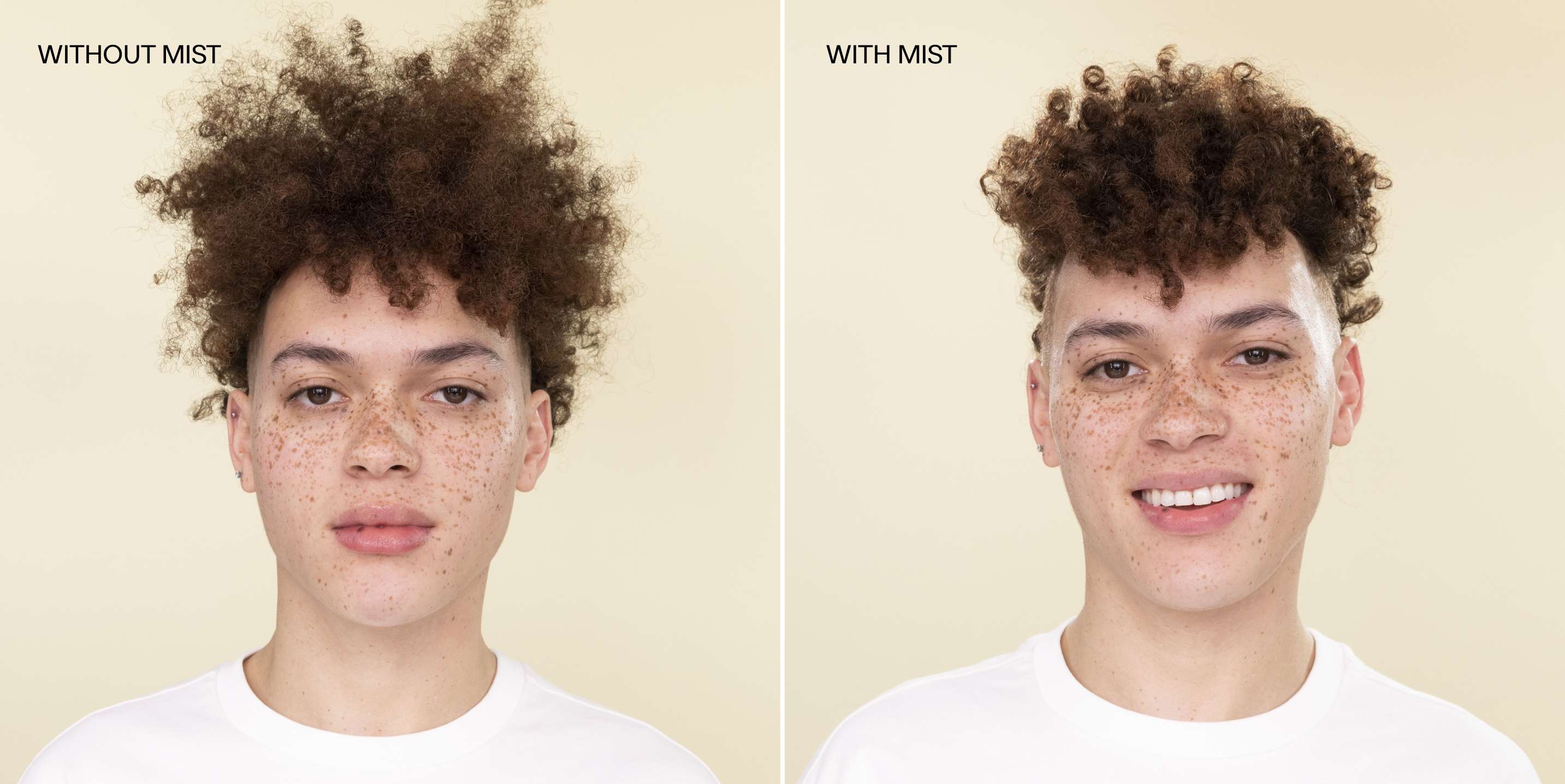 Model with short coily light brown hair on a cream background. Left image shows image of model without Complete Conditioning Mist in hair, right image shows model with Complete Conditioning Mist in hair. 