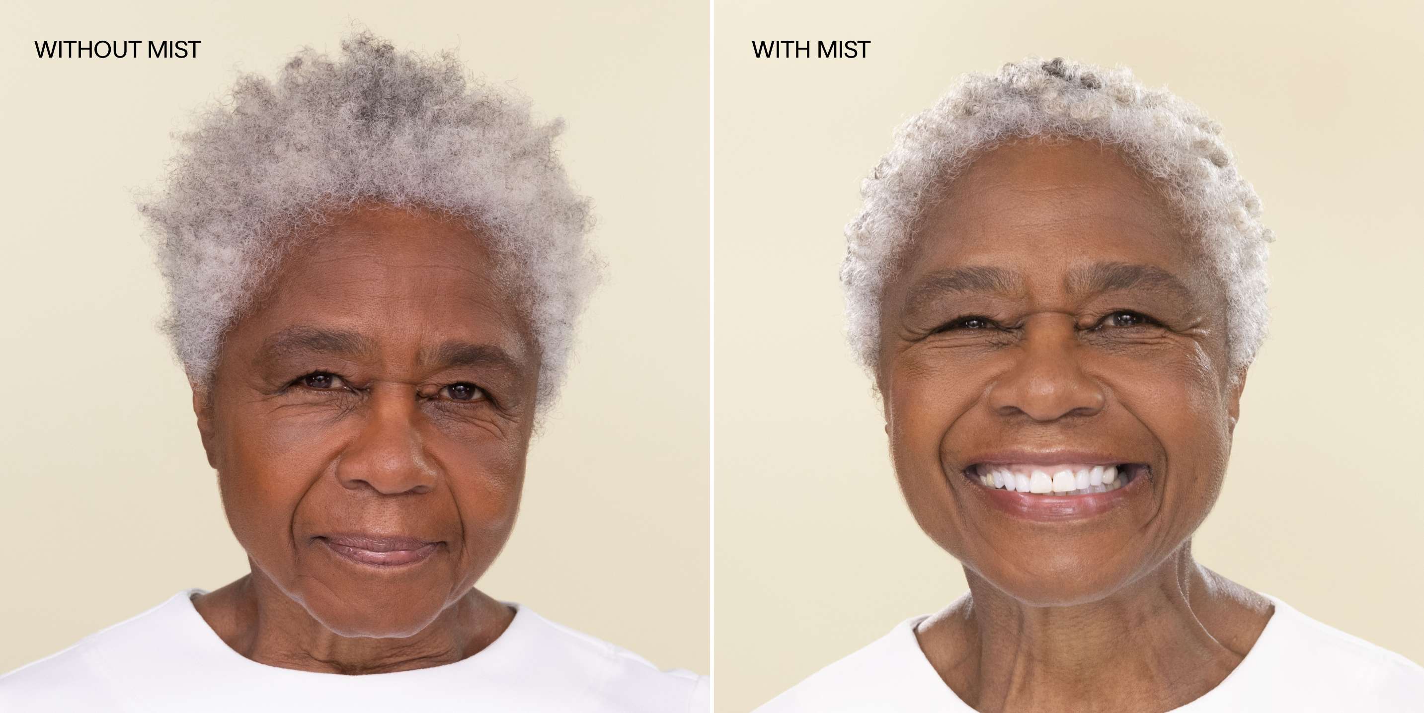 Model with short coily grey hair on a cream background. Left image shows image of model without Complete Conditioning Mist in hair, right image shows model with Complete Conditioning Mist in hair. 