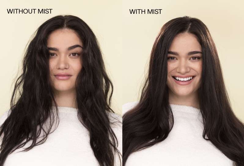 Model with long dark brown hair on a cream background. Left image shows image of model without Complete Conditioning Mist in hair, right image shows model with Complete Conditioning Mist in hair. (mobile image)