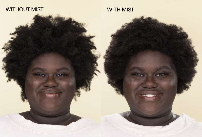 Model with short coily brown hair on a cream background. Left image shows image of model without Complete Conditioning Mist in hair, right image shows model with Complete Conditioning Mist in hair. (mobile image)