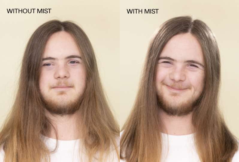 Model with long dirty-blonde hair on a cream background. Left image shows image of model without Complete Conditioning Mist in hair, right image shows model with Complete Conditioning Mist in hair. (mobile image)