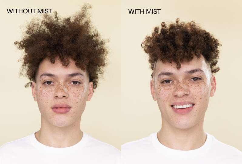 Model with short coily light brown hair on a cream background. Left image shows image of model without Complete Conditioning Mist in hair, right image shows model with Complete Conditioning Mist in hair. (mobile image)