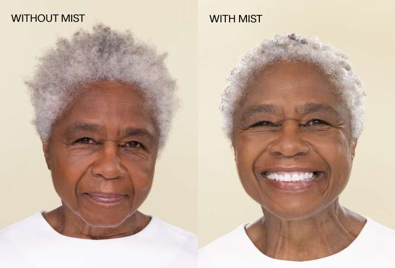 Model with short coily grey hair on a cream background. Left image shows image of model without Complete Conditioning Mist in hair, right image shows model with Complete Conditioning Mist in hair. (mobile image)
