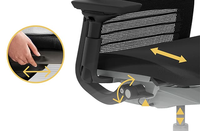 Silla de oficina Steelcase Think en Negro, foco en el asiento, mostrando la profundidad ajustable del asiento, sobre un fondo blanco.