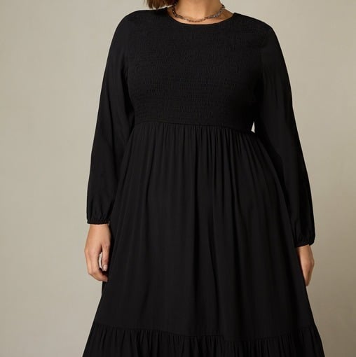 Black Shirred Front Midi Dress