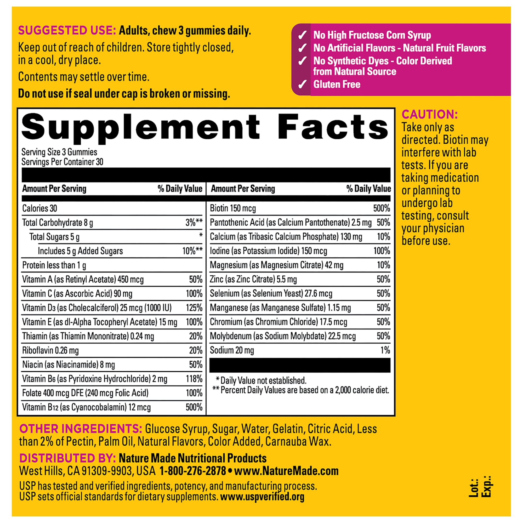 Nature Made Advanced Multi Women Gummies supplement facts panel and ingredient information