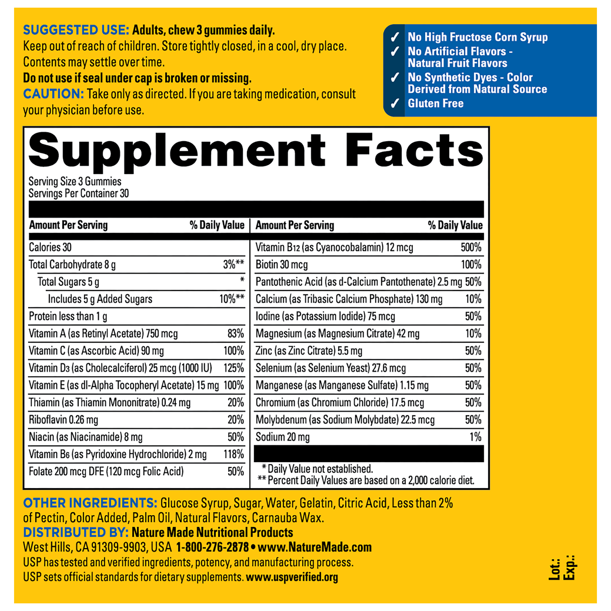 Nature Made Advanced Multi Men Gummies supplement facts and nutrition information panel