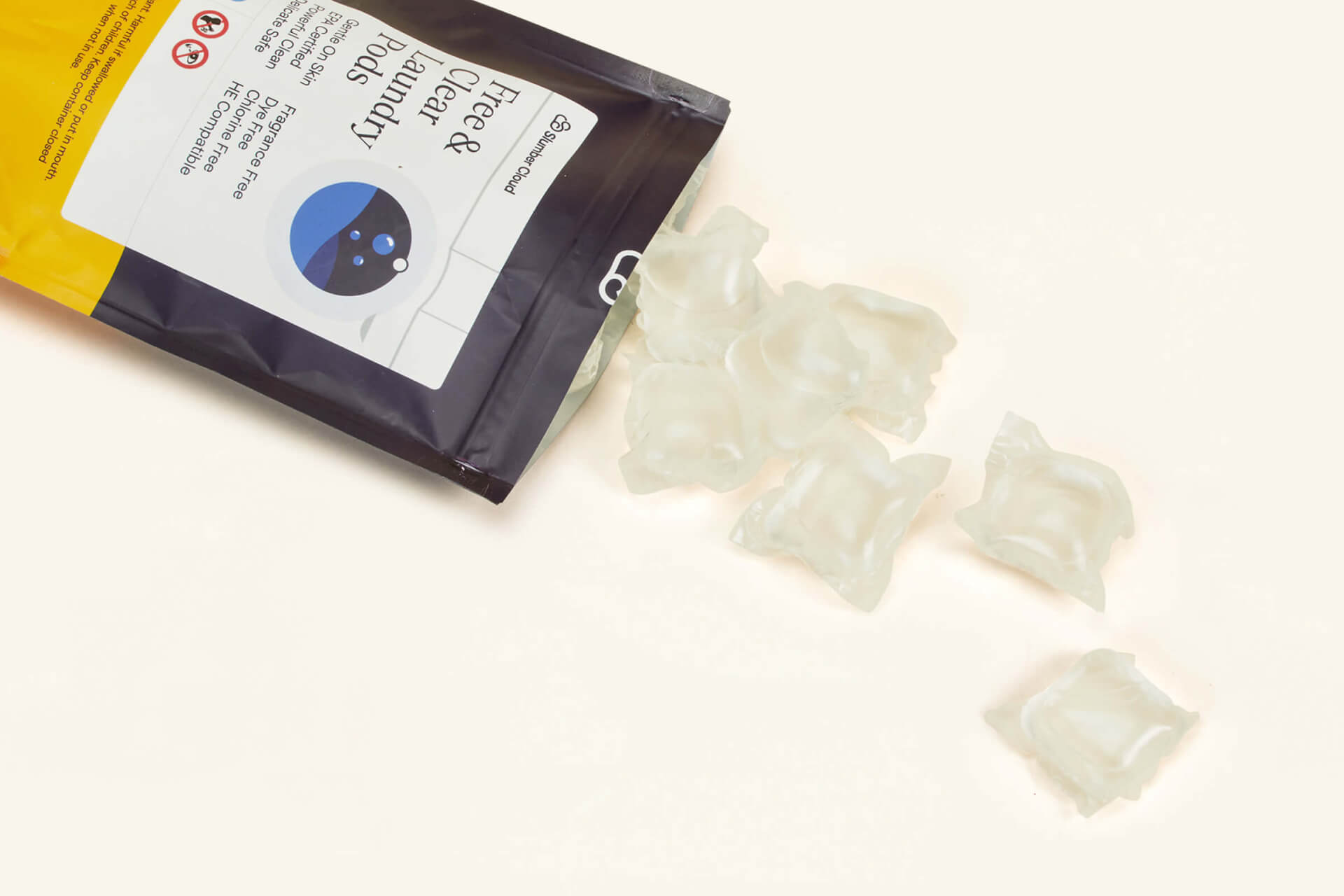 Slumber Cloud Free & Clear Laundry Pods spilling out of their zip top bag
