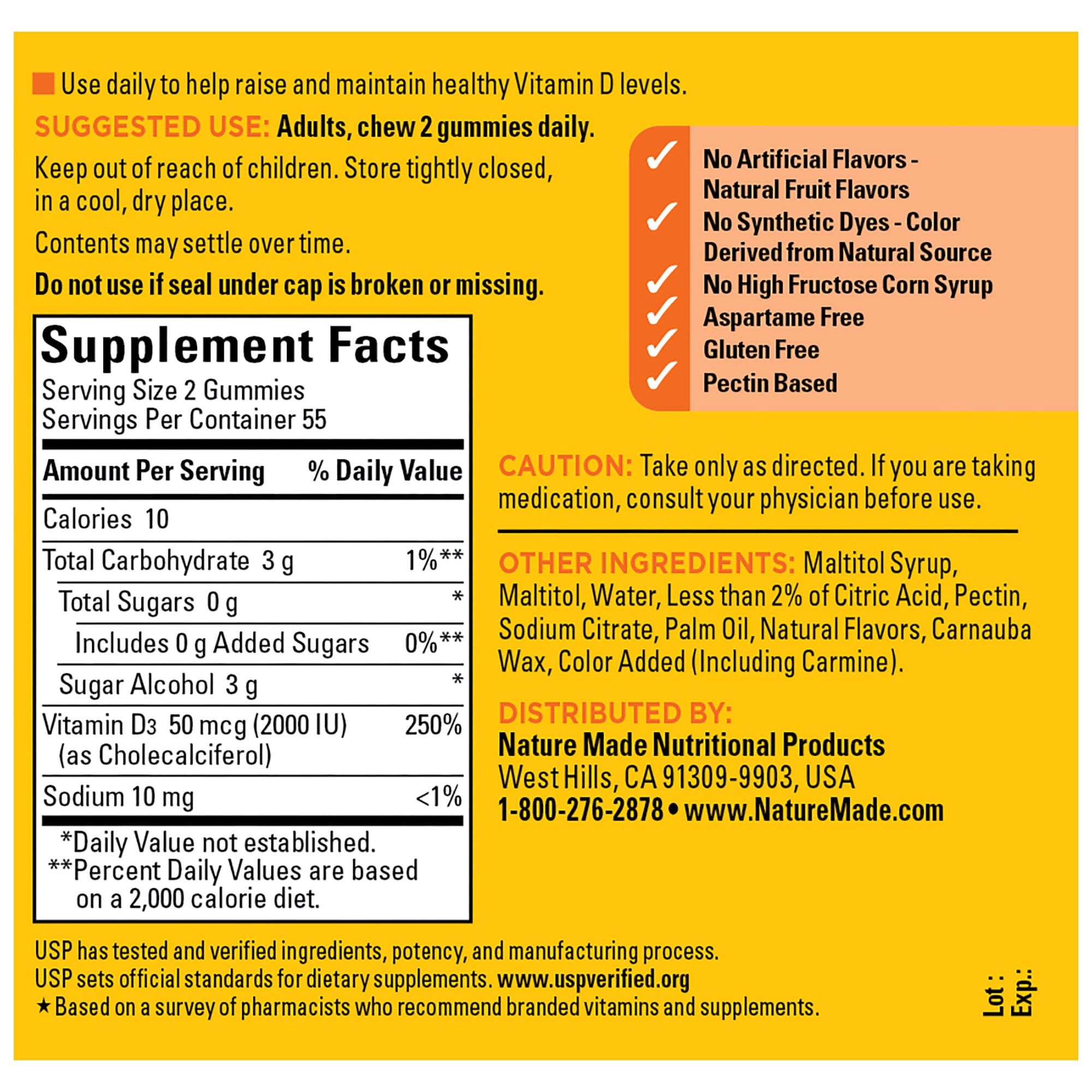 Nature Made Zero Sugar Vitamin D3 Gummies supplement facts and ingredient information panel