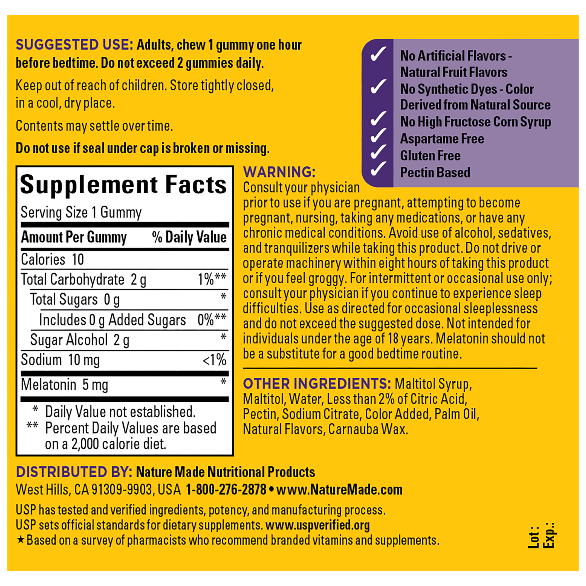 Supplement facts and usage directions for zero sugar melatonin gummies including warnings and ingredients
