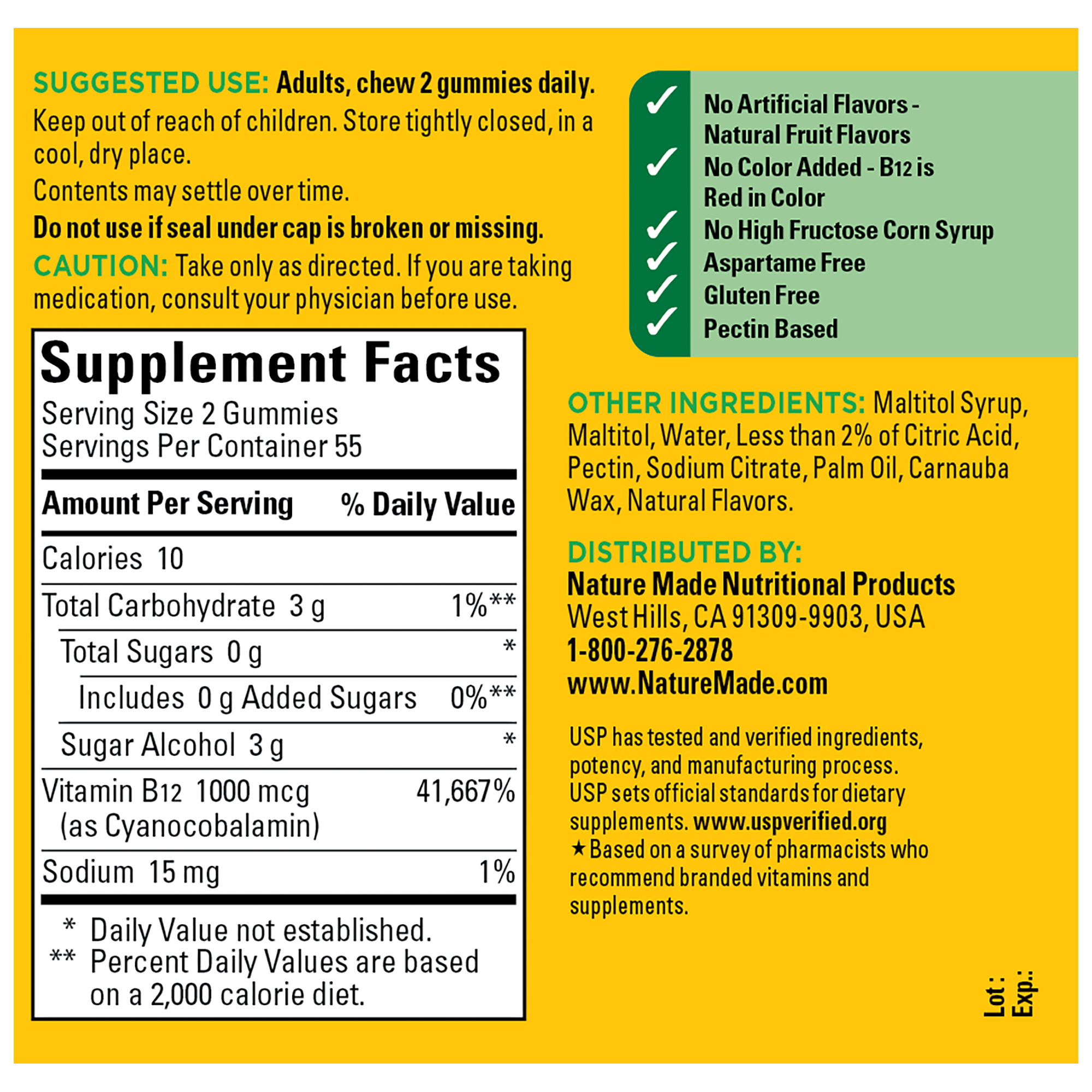 Nature Made Zero Sugar B12 Gummies supplement facts and ingredient information panel