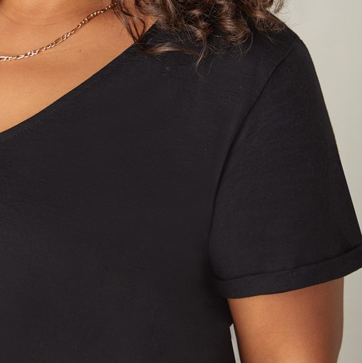 Black Cotton Slub V-Neck Longline T-Shirt