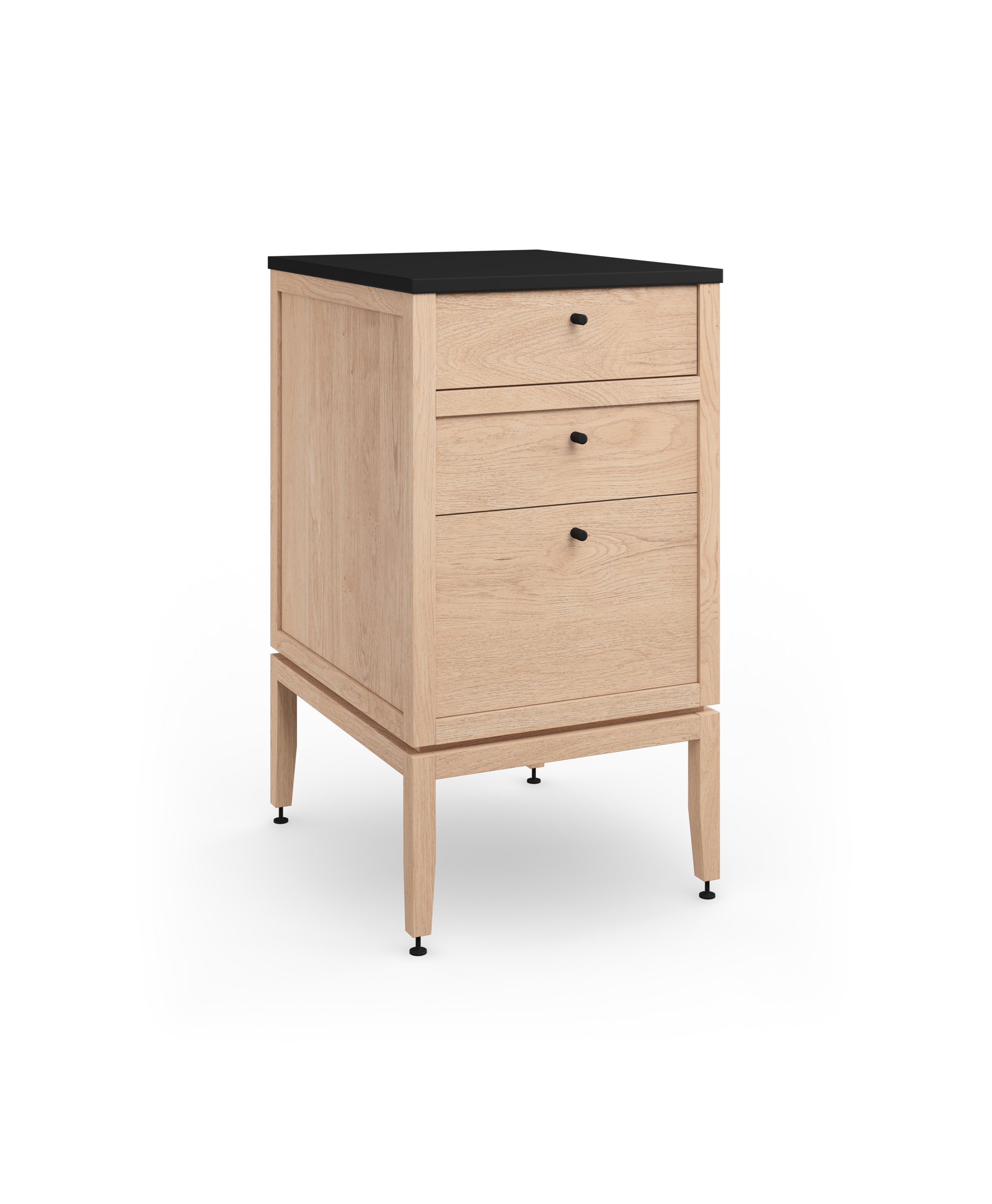 Coquo modular bathroom vanity with three drawers in natural oak. 