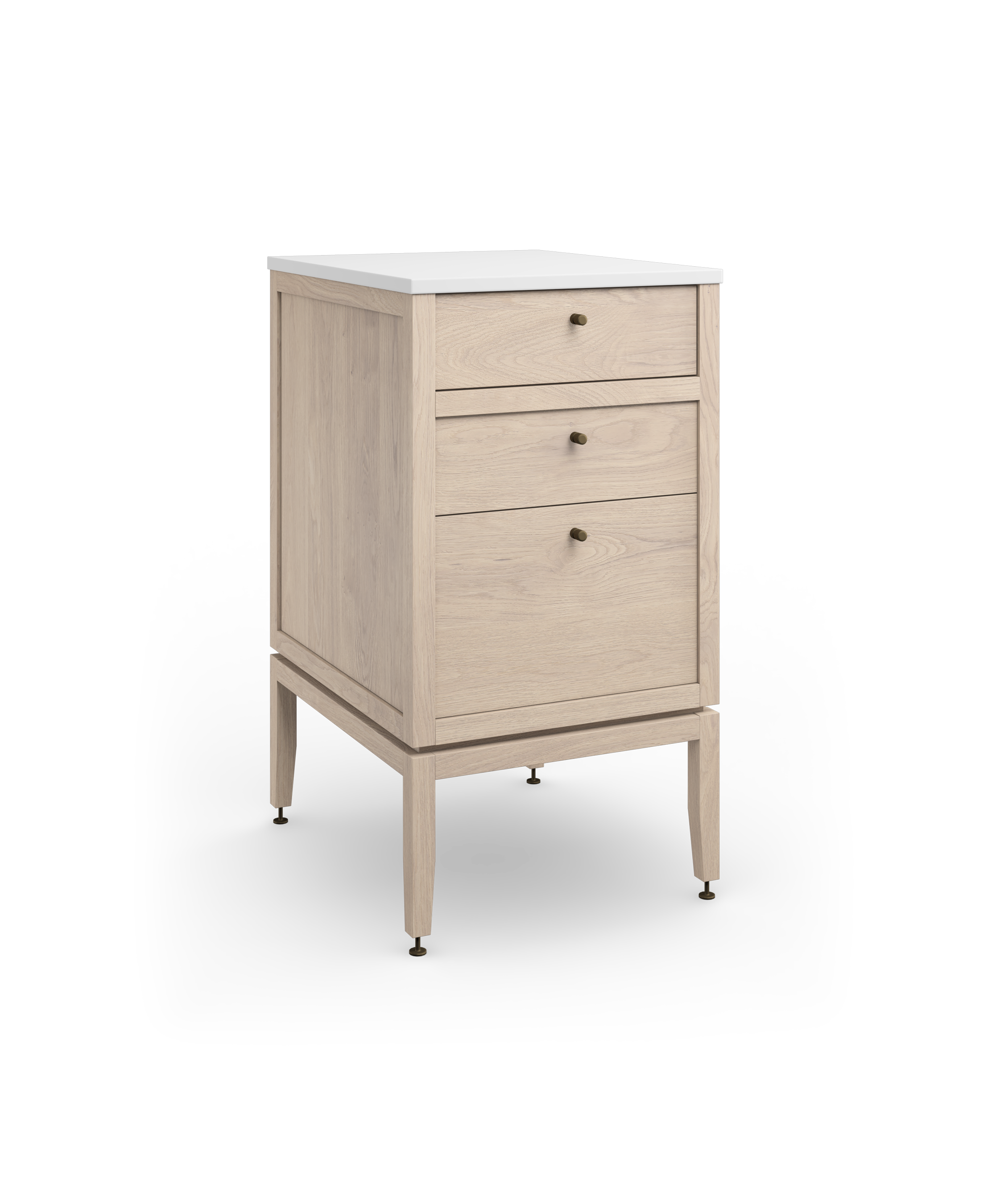 Coquo modular bathroom vanity with three drawers in white stained oak. 