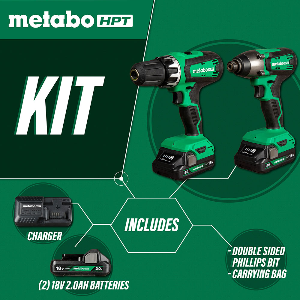 18V Lithium-Ion Cordless Brushed Hammer Drill and Impact Driver 2-Tool Combo Kit 2.0 Ah