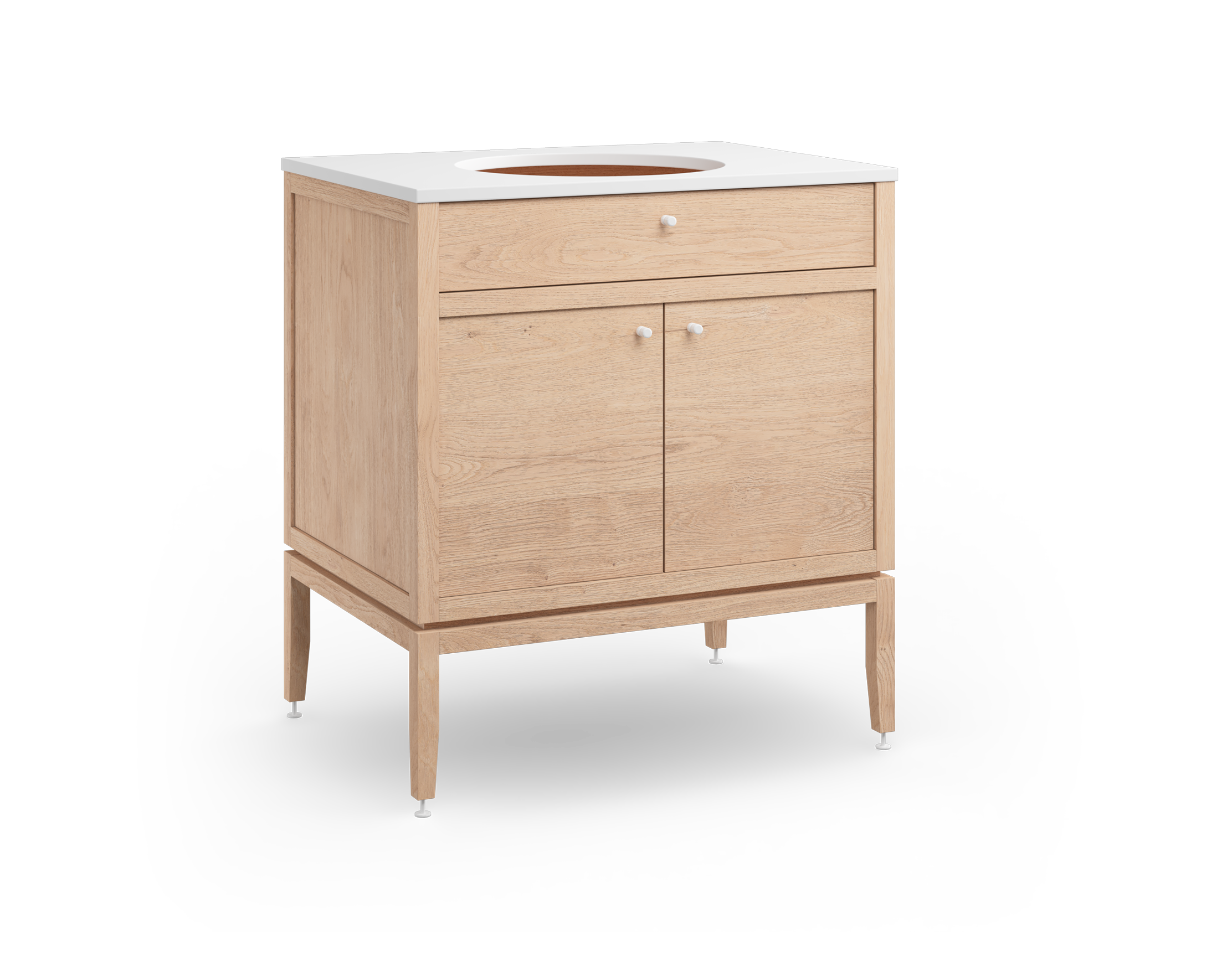 Coquo modular bathroom vanity with fix front and two doors in natural oak.