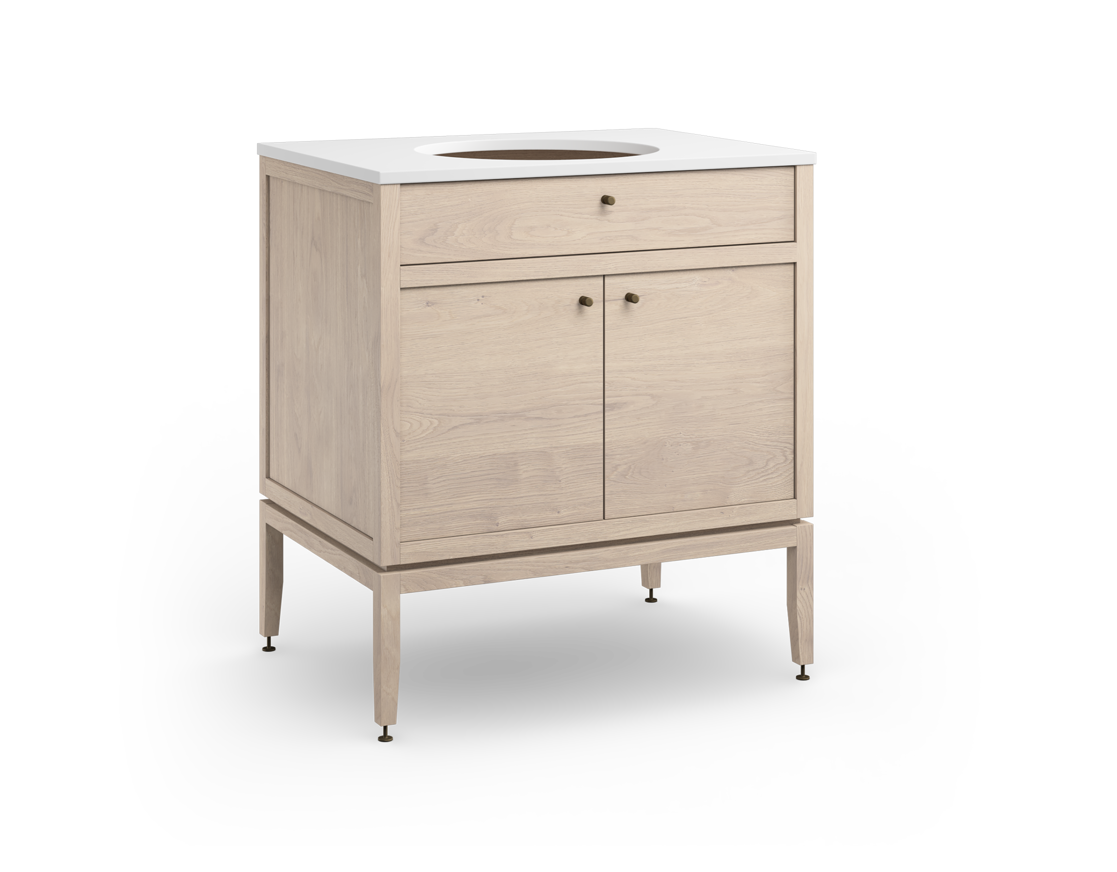 Coquo modular bathroom vanity with fix front and two doors in white stained oak.