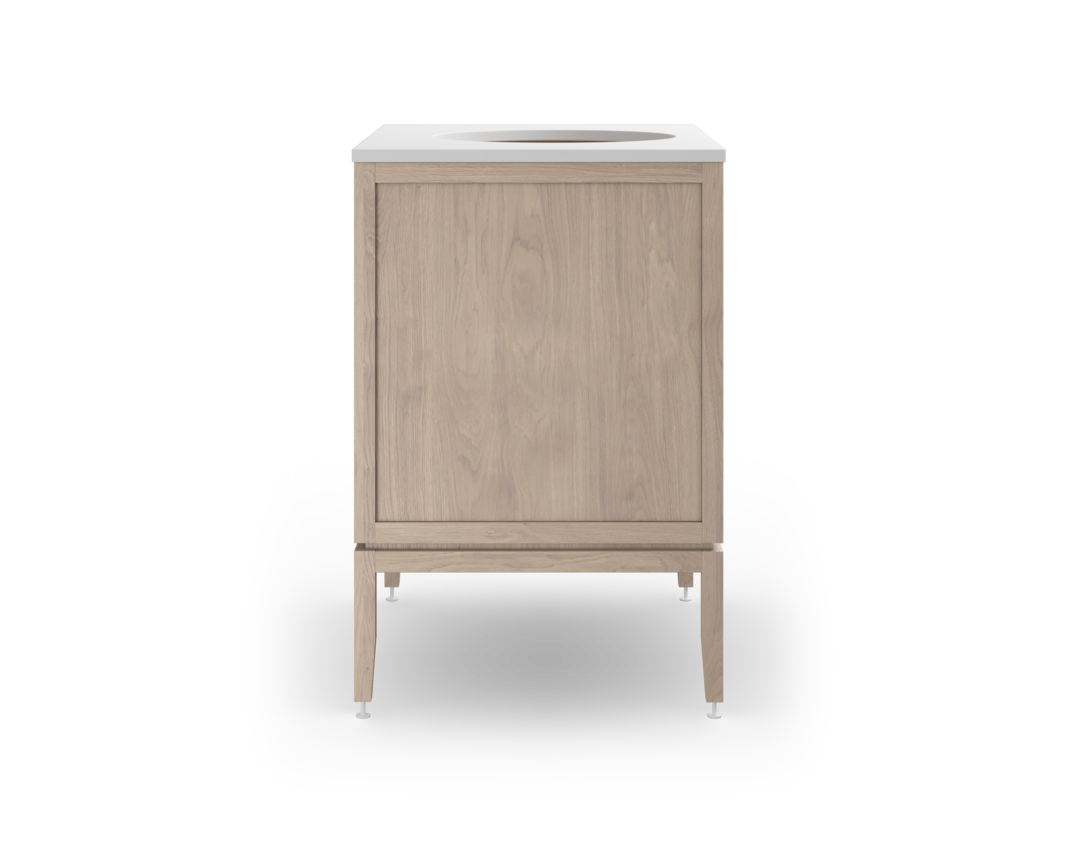 Coquo modular bathroom vanity with fix front and two doors in white stained oak.