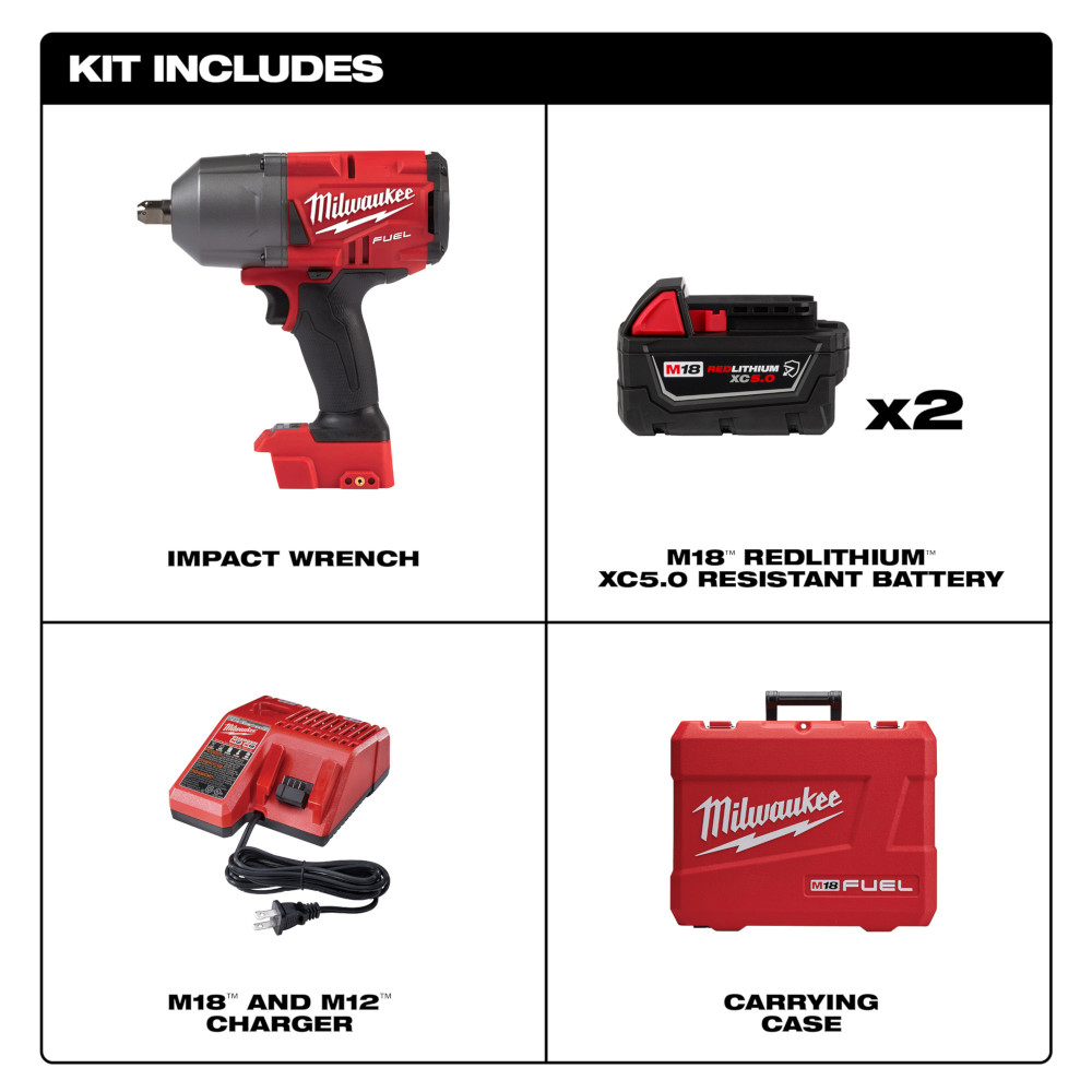 M18 FUEL 1/2" High Torque Impact Wrench with Pin Detent Kit (5.0 Ah Resistant Batteries)