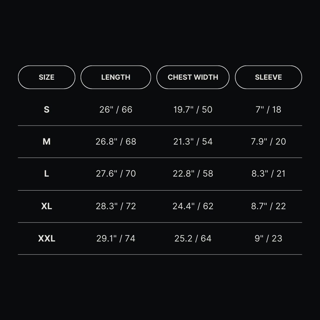 fluid Style Tee Hoodie Size Chart (inch / cm)