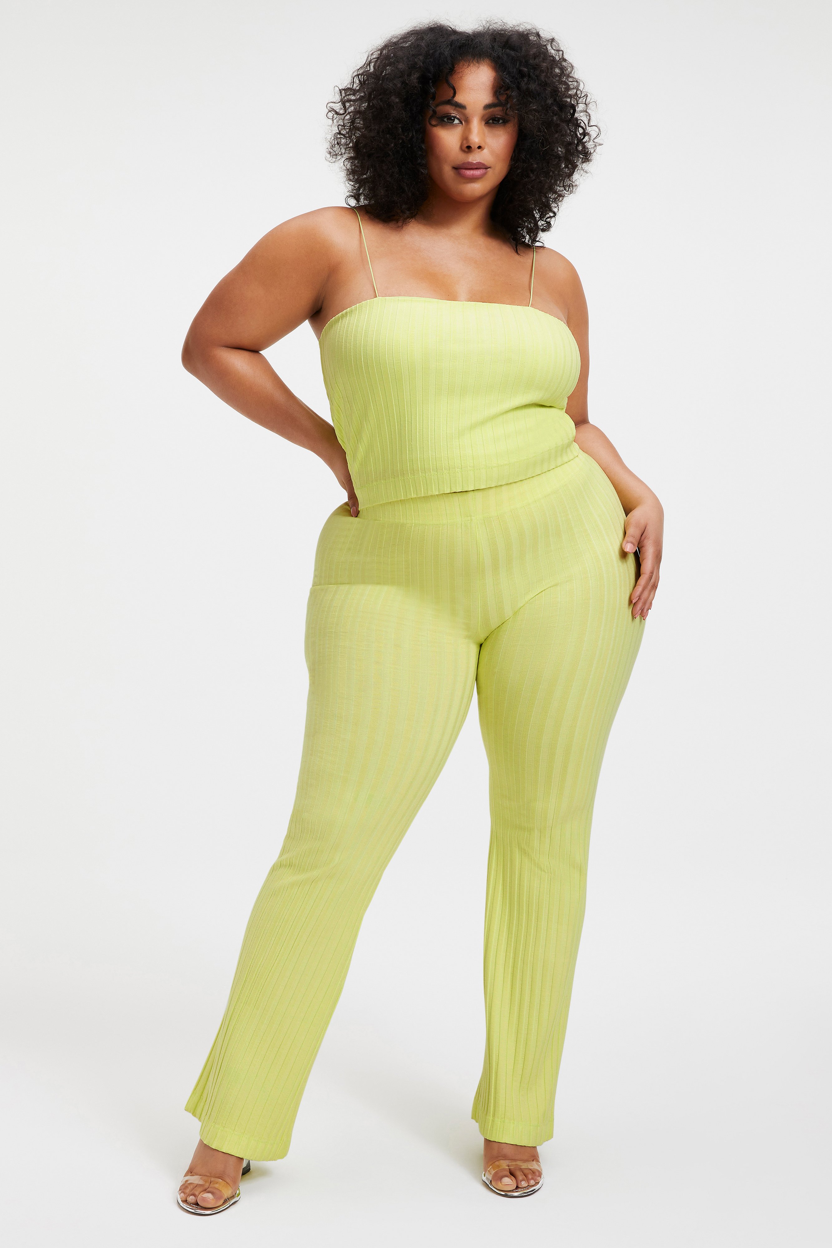 '90S RIBBED PANT in KEY LIME001 styled with our '90S RIBBED TUBE TANK in KEY LIME001, or RIBBED BOYFRIEND TEE in KEY LIME001