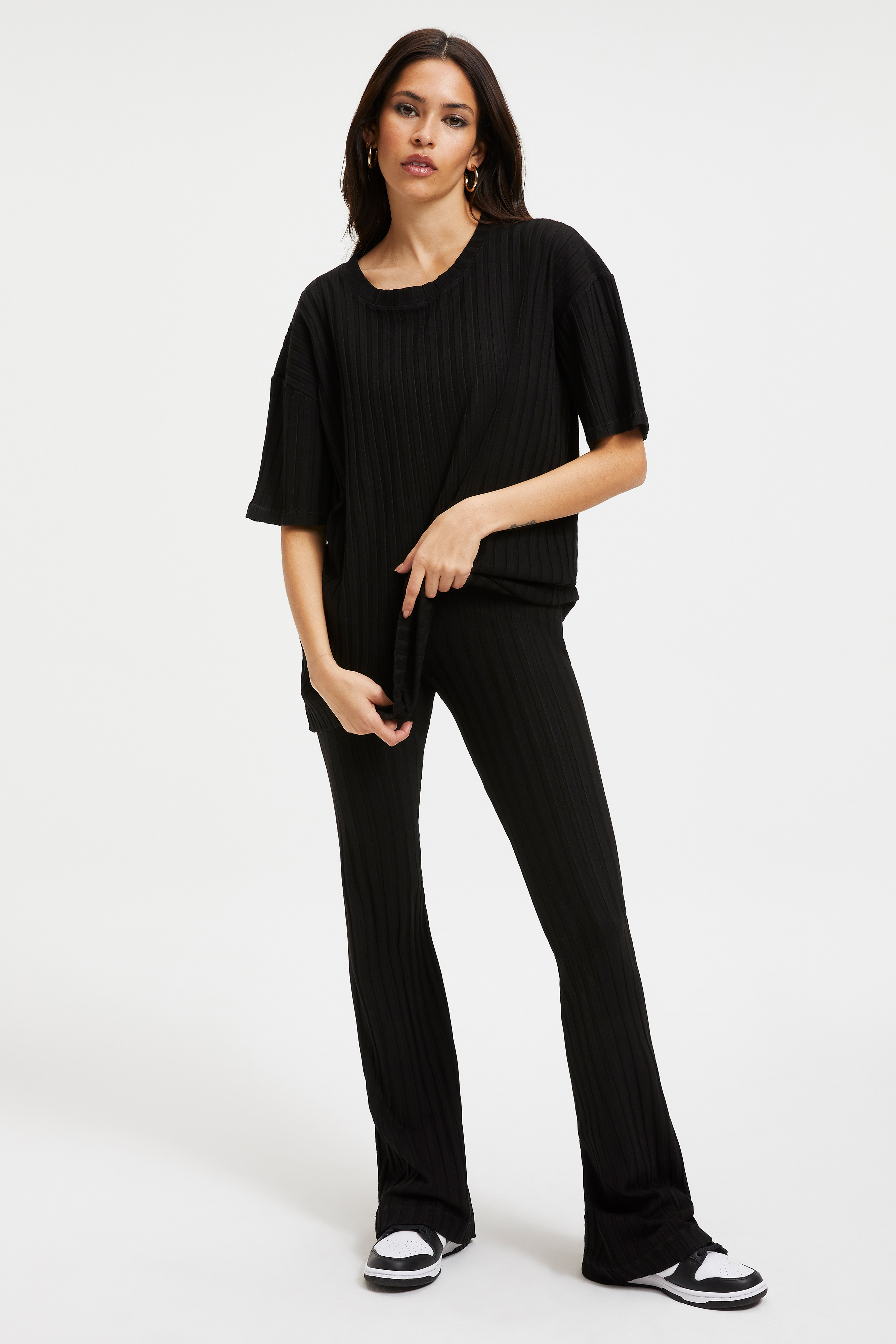 '90S RIBBED PANT in BLACK001 styled with our RIBBED BOYFRIEND TEE in BLACK001, or '90S RIBBED TUBE TANK in BLACK001