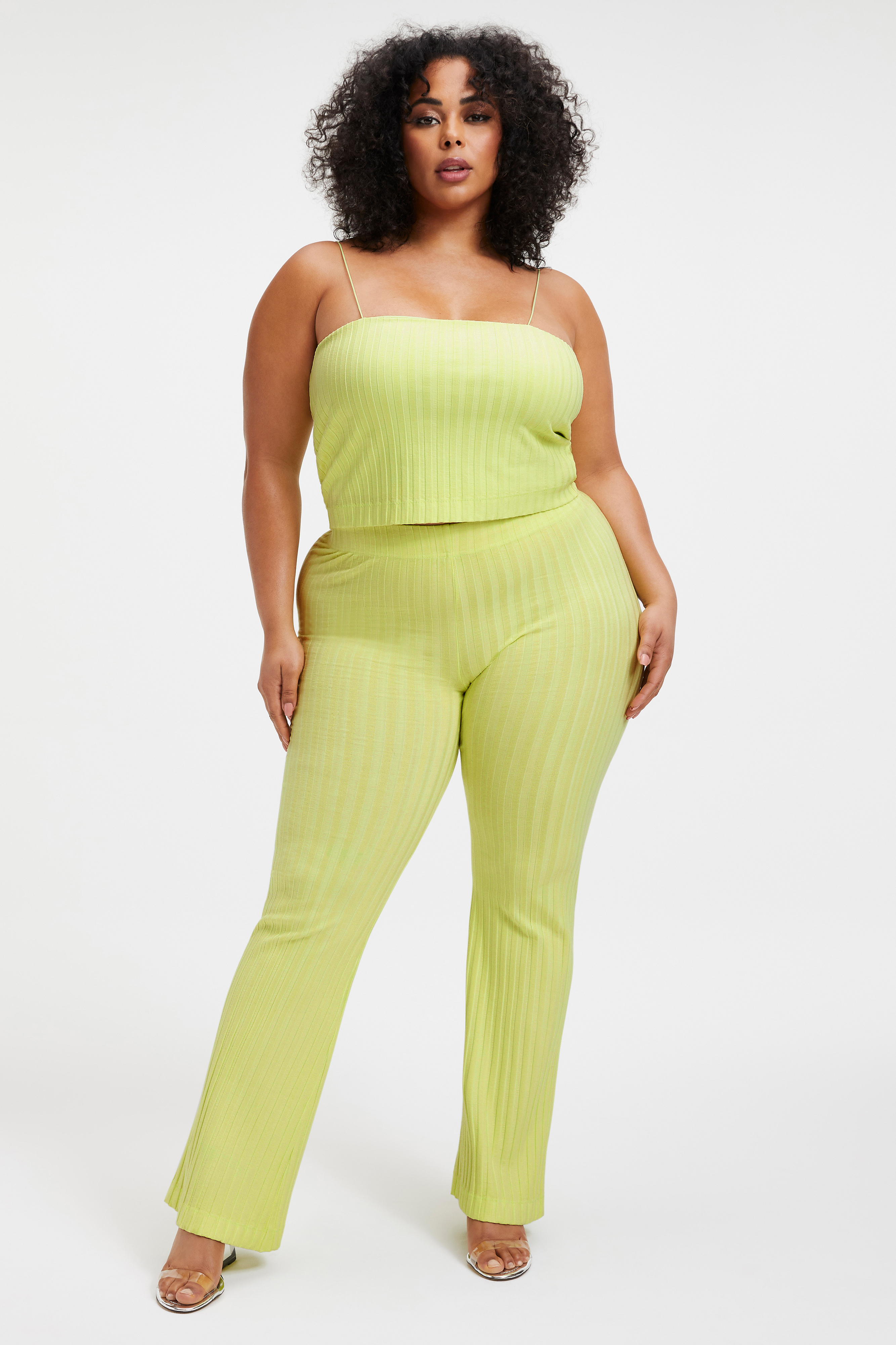 '90S RIBBED TUBE TANK in KEY LIME001 styled with our '90S RIBBED PANT in KEY LIME001, or '90S RIBBED BIKER SHORT in KEY LIME001