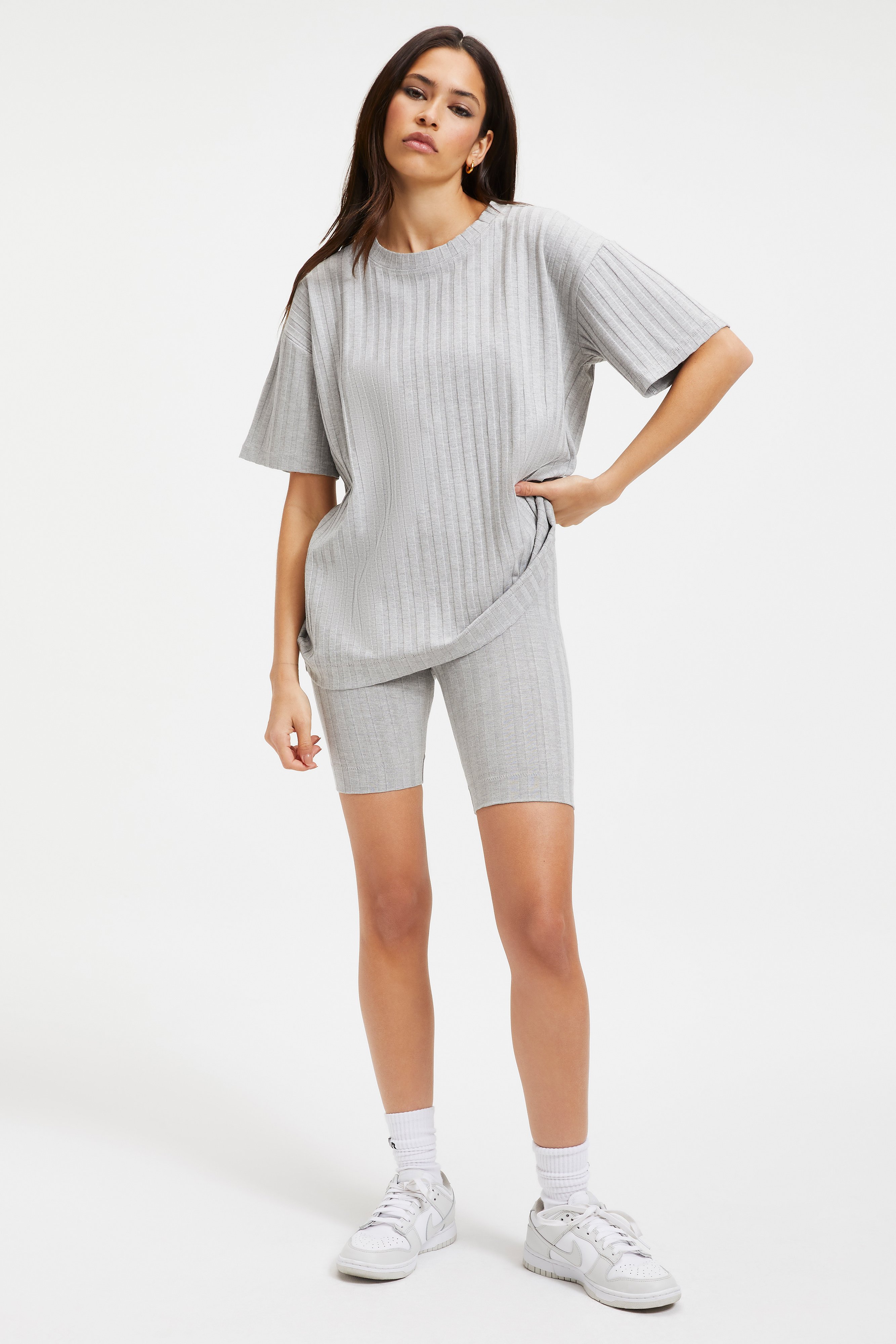 '90S RIBBED BIKER SHORT in HEATHER GREY001 styled with our RIBBED BOYFRIEND TEE in HEATHER GREY001, or '90S RIBBED TUBE TANK in HEATHER GREY001