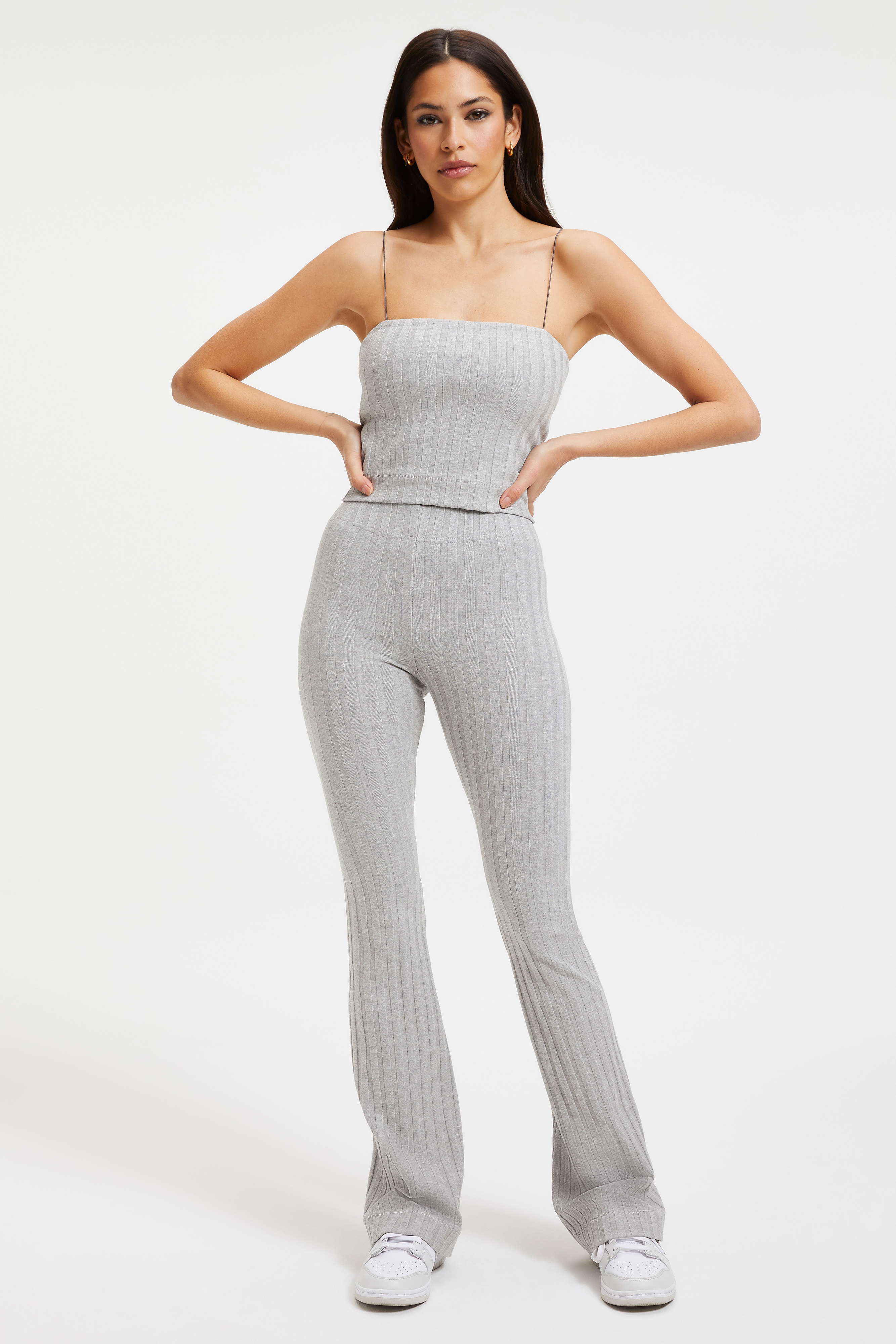 '90S RIBBED PANT in HEATHER GREY001 styled with our '90S RIBBED TUBE TANK in HEATHER GREY001