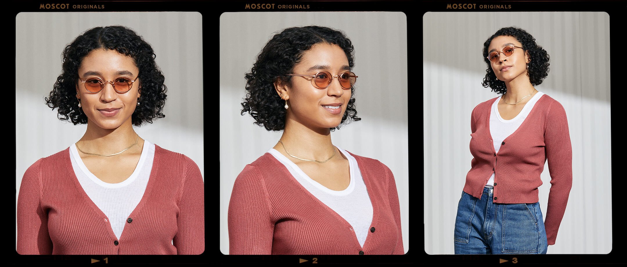  Model is wearing The MOYEL SUN in Rose in size 44 with New York Rose Tinted Lenses 