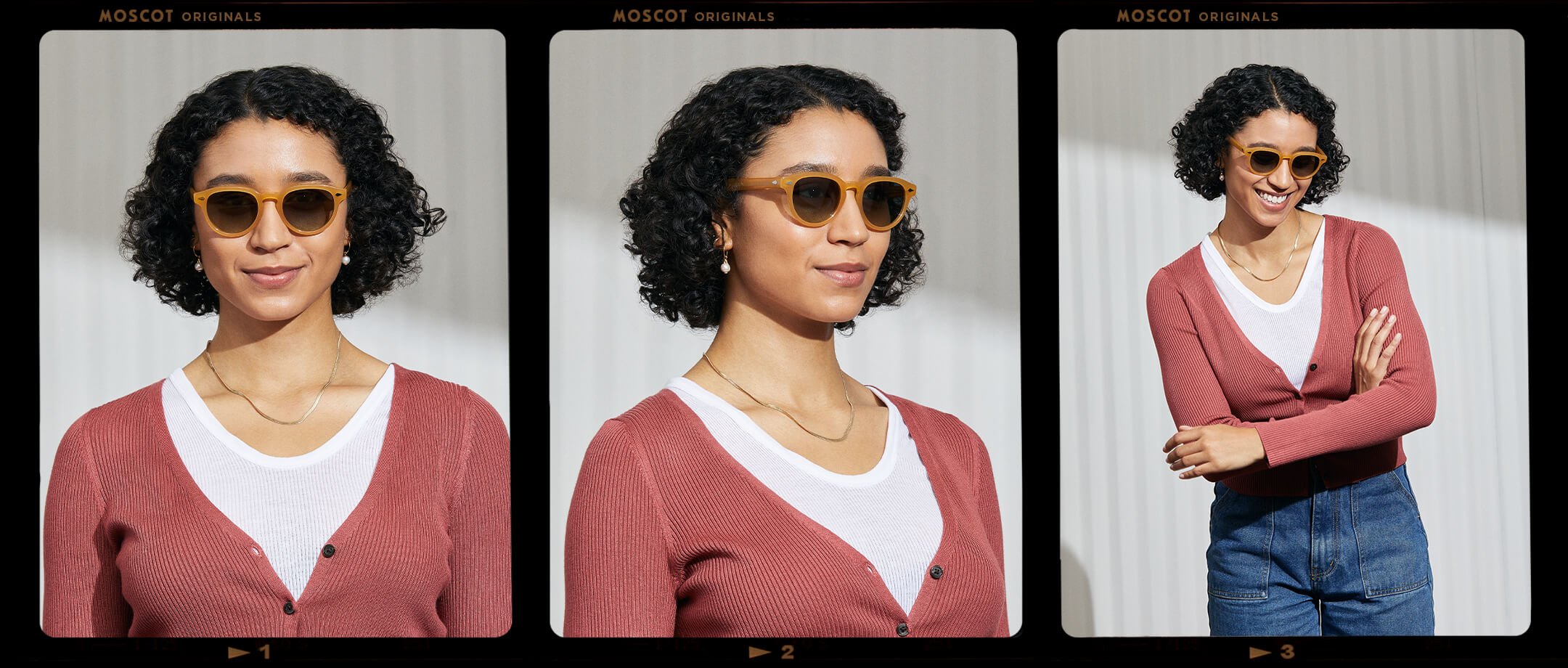  Model is wearing The MAYDELA SUN in Goldenrod in size 49 with Forest Wood Tinted Lenses 