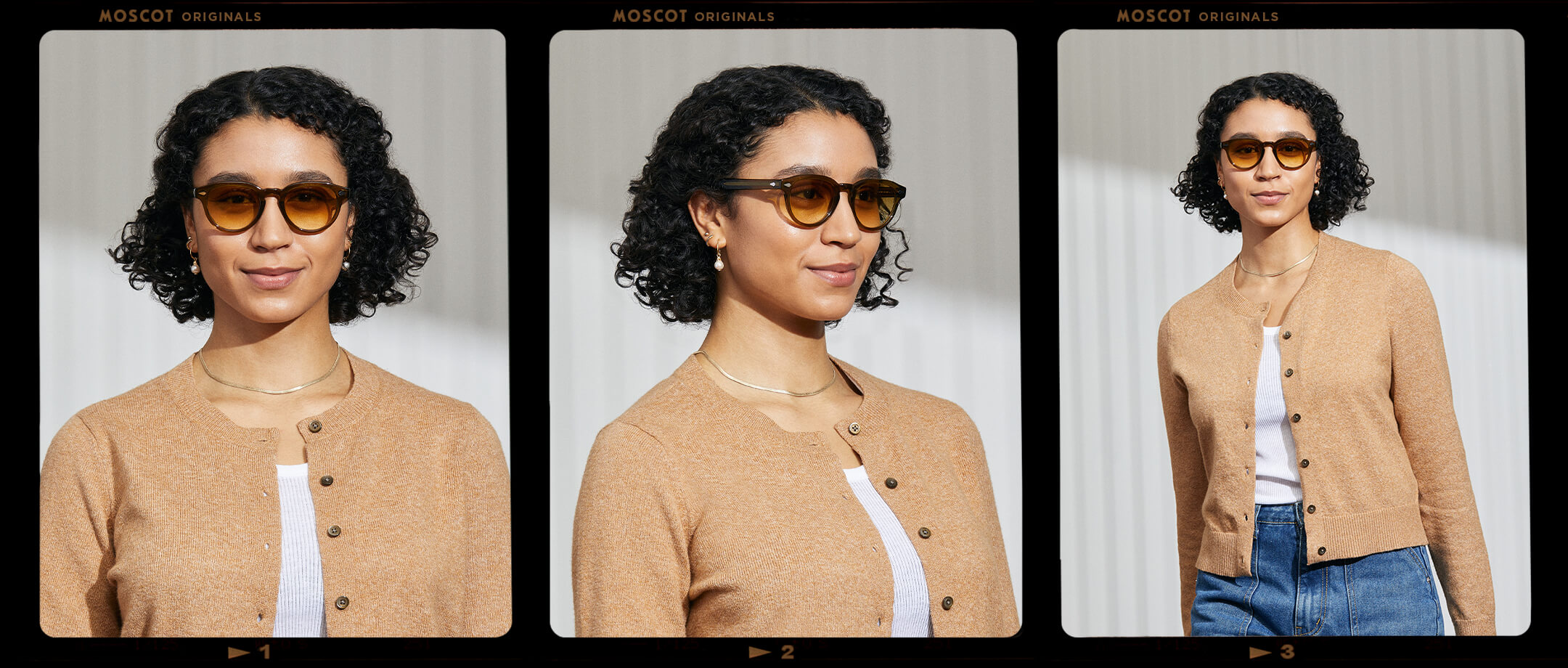  Model is wearing The MAYDELA SUN in Olive Brown in size 49 with Chestnut Fade Tinted Lenses 
