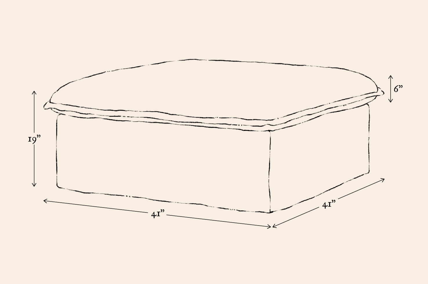 The Neva Storage Ottoman has an overall dimension of 41”W x 41”D x 19”H and a 6