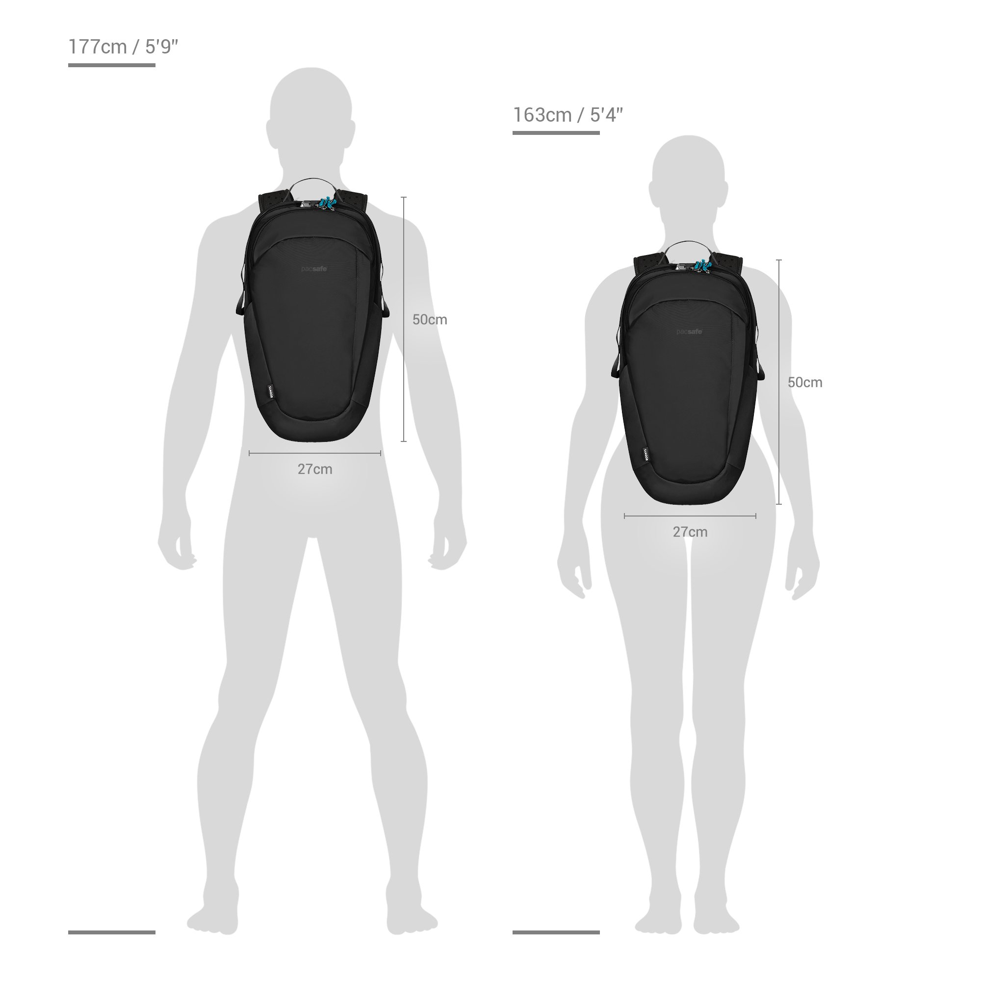 Size chart for Pacsafe® Eco 25L Anti-Theft Backpack