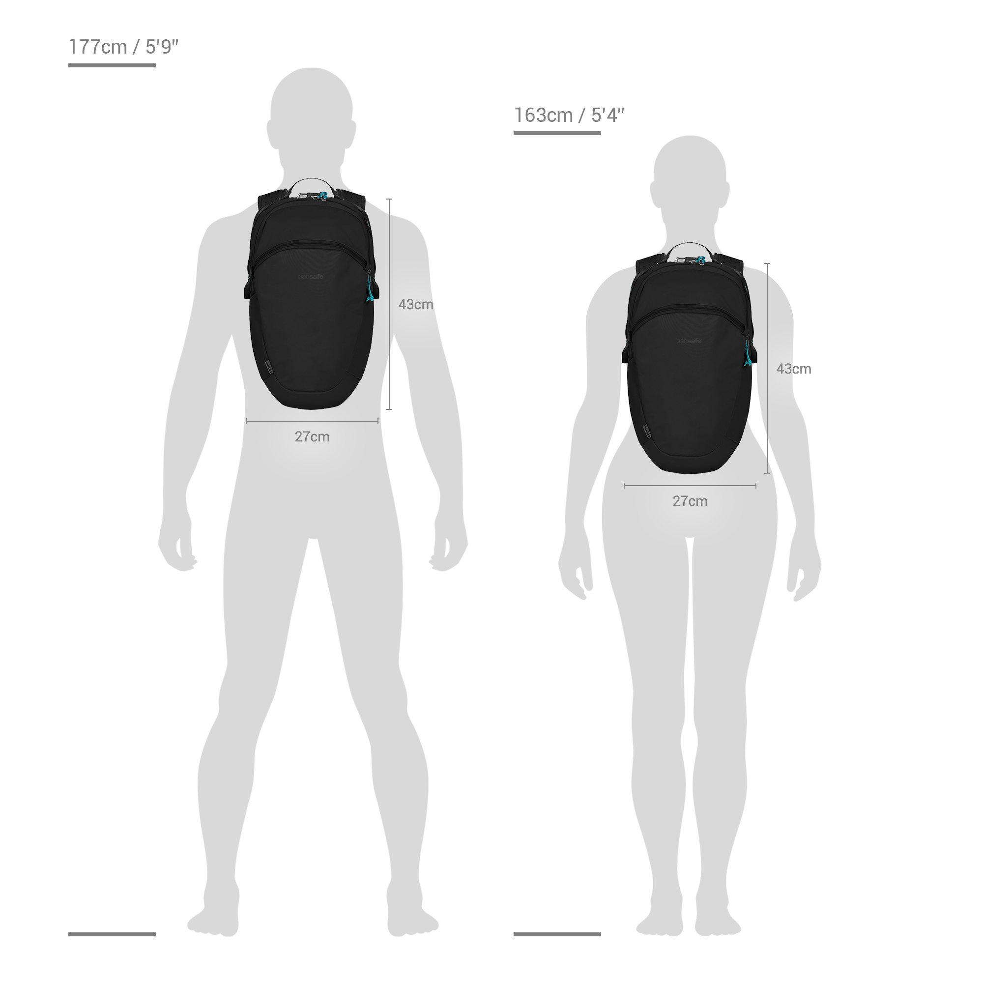 Size chart for Pacsafe® ECO 18L anti-theft backpack