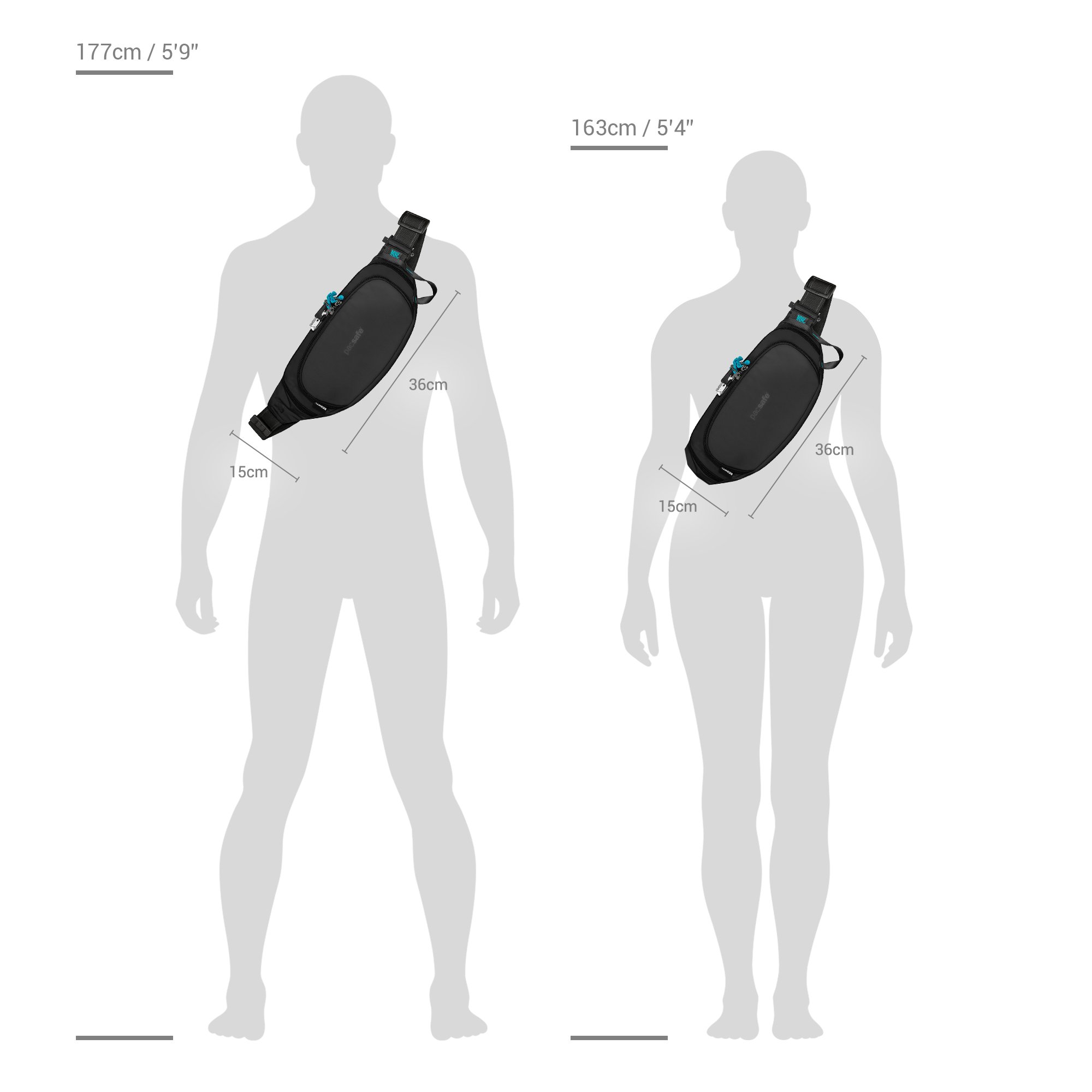 Size chart for Pacsafe® ECO anti-theft waist pack