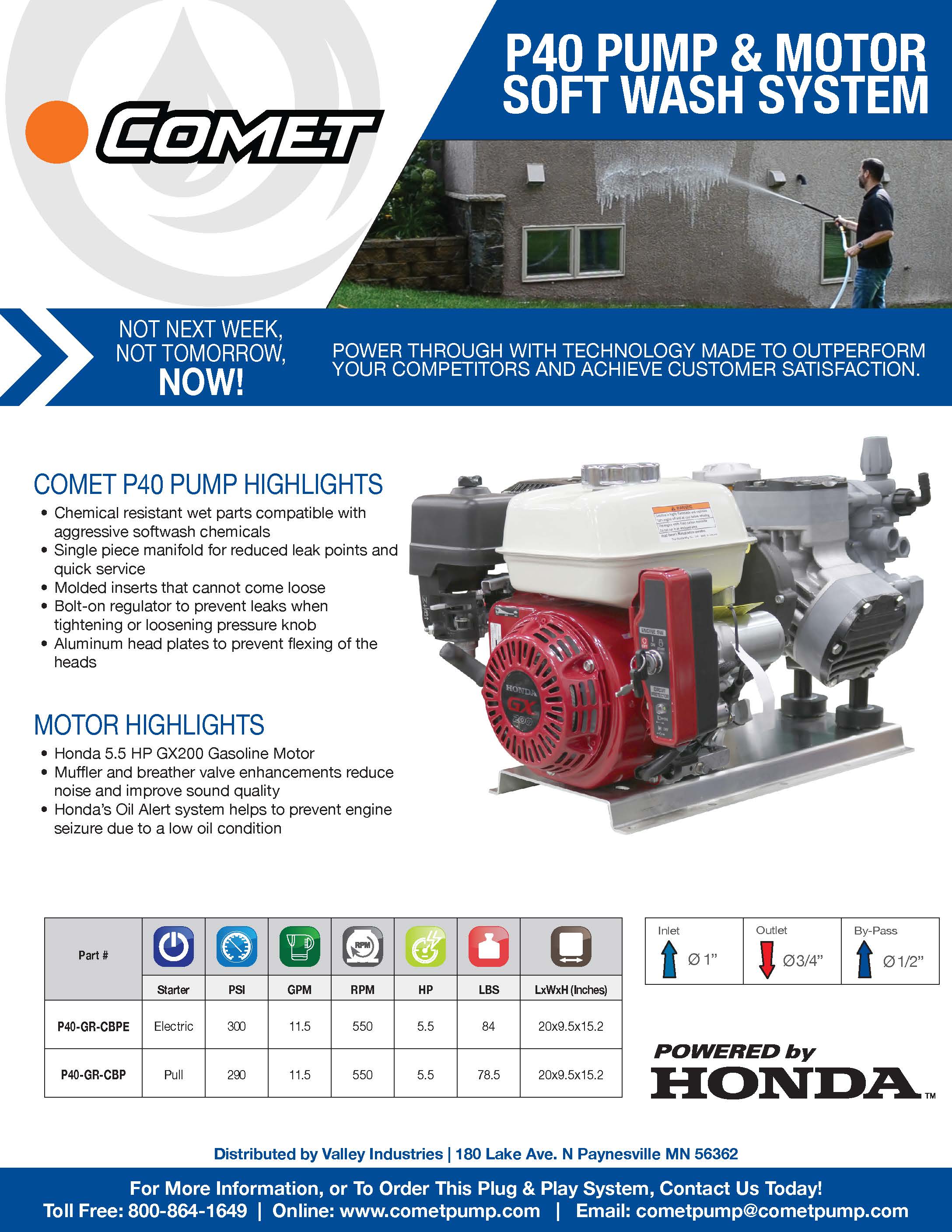 300 PSI @ 11.5 GMP, 550 RPM Honda GX200 w/Gear Reduction Comet Pump Soft Wash System