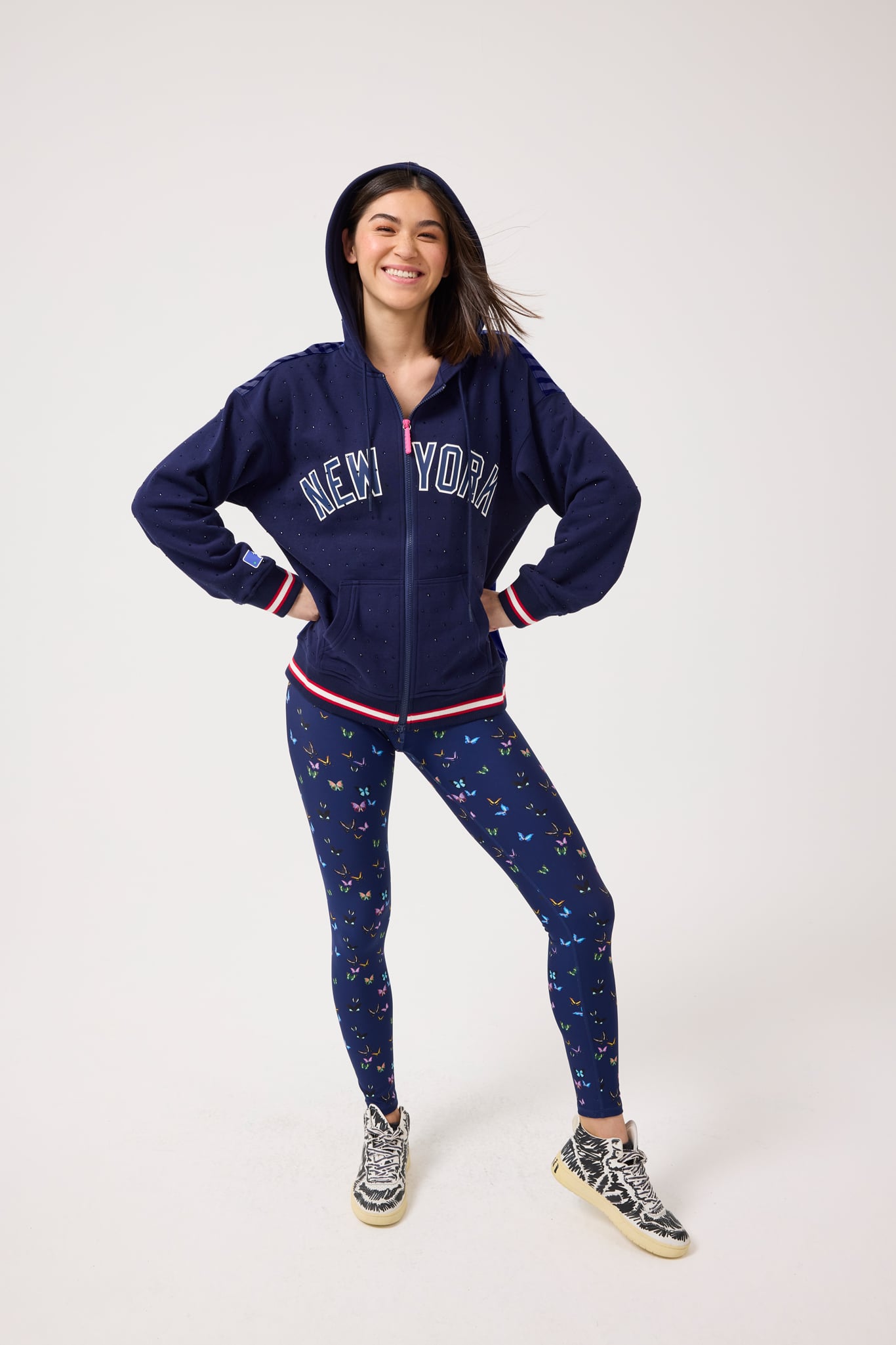 Yankees Gems Zip Up Hoodie in Navy –