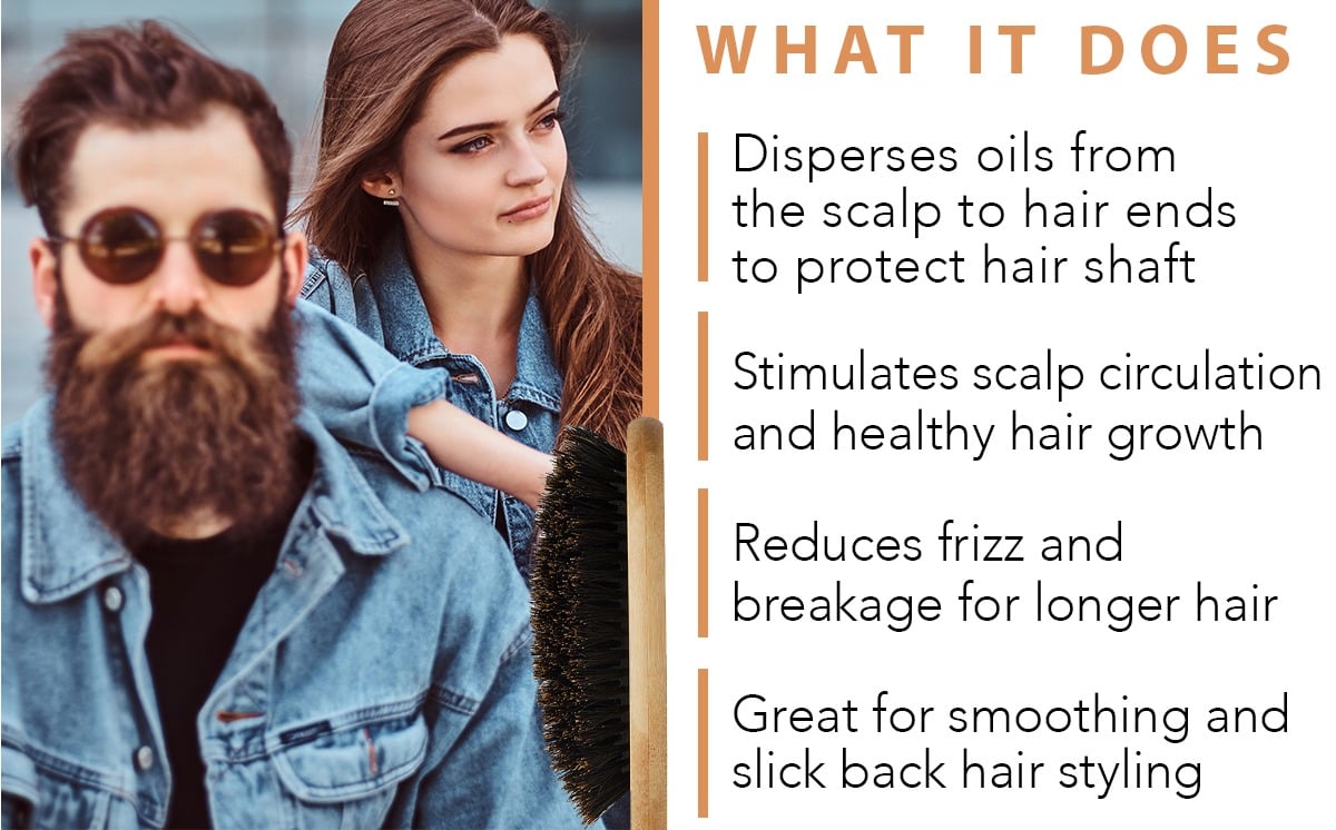 WHAT IT DOES
Disperses oils from the scalp to hair ends to protect hair shaft
Stimulates scalp circulation and healthy hair growth
Reduces frizz and breakage for longer hair
Great for smoothing and slick back hair styling