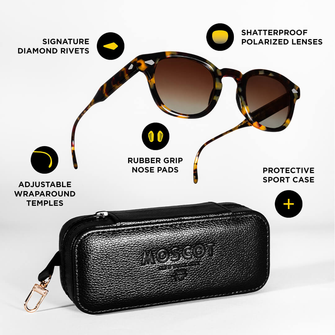 The LEMTOSH SPORT has the LEMTOSH signature diamond rivets, adjustable wraparound temples, rubber grip nose pads, and shatterproof polarized lenses.