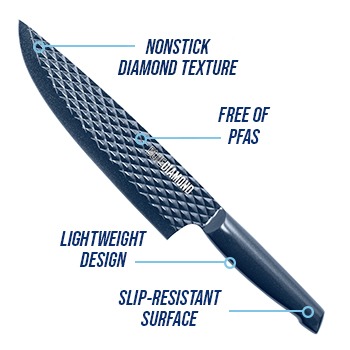  Blue Diamond Sharp Stone Nonstick Stainless Steel Cutlery, 8  Chef Knife with Cover, Diamond Texture Blade, Dishwasher Safe Knives, Blue:  Home & Kitchen