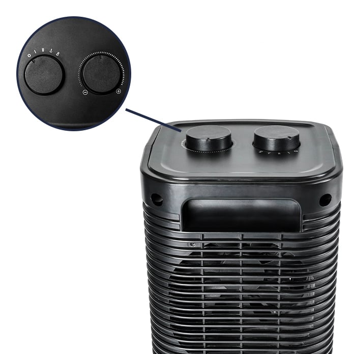 Close-up of dual dial switches for heat setting, temperature, and oscillation control.