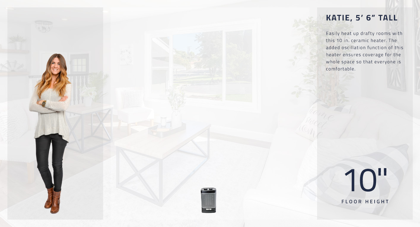 Easily heat up drafty rooms with this 10 in. ceramic heater. The added oscillation function of this heater ensures coverage for the whole space so that everyone is comfortable. This electric heater is 10 inches tall.