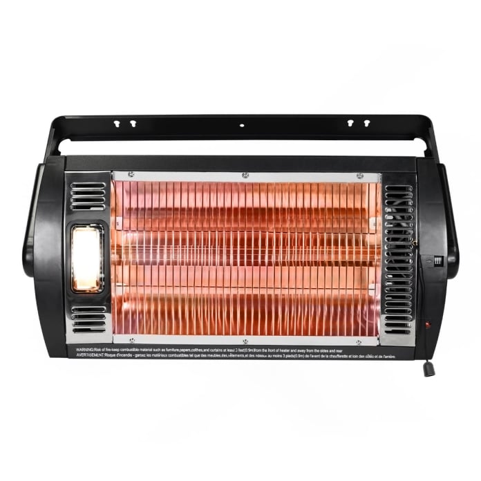 Front view of the quartz heater showing the light and electrical heating elements on.