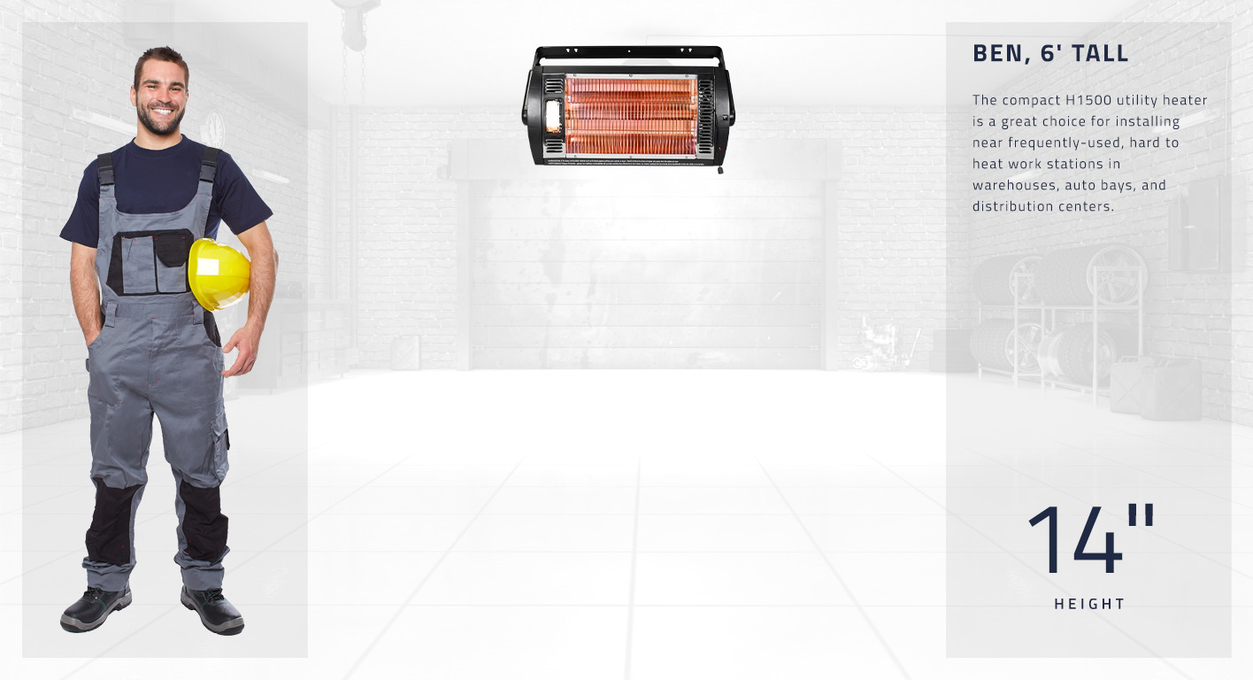 The compact H1500 utility heater is a great choice for installing near frequently-used, hard to heat work stations in warehouses, auto bays, and distribution centers.