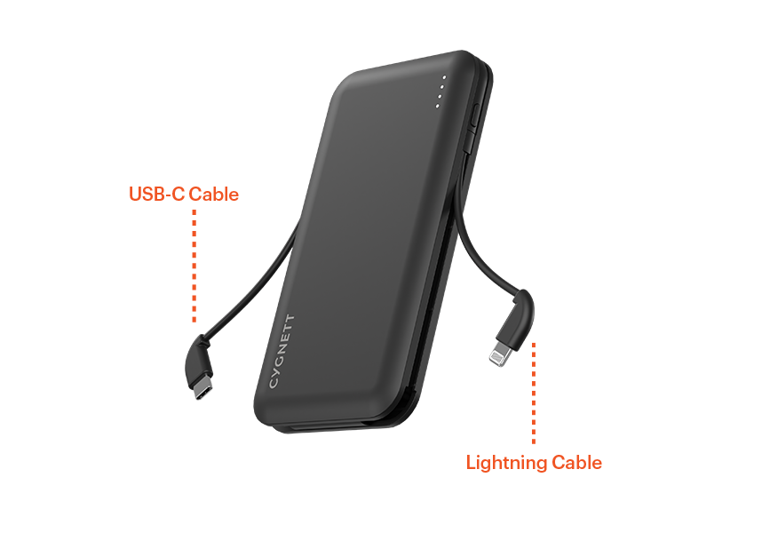 10,000 mAh Power Bank with Integrated Charging Cables Black