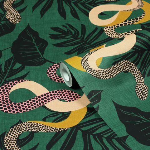 green serpent roll of wallpaper jungle print