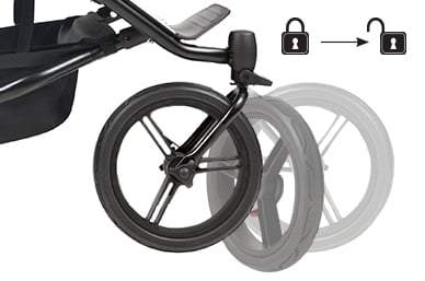 les roues avant peuvent être bloquées en arrière OU pivoter complètement pour plus de maniabilité et de contrôle lors de la poussée sur un terrain accidenté ou pour faire du jogging