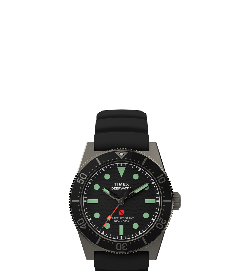 Front view of the Timex Deepwater Reef 200 with a black wave-textured dial, luminescent indices, red-tipped seconds hand, and unidirectional bezel. The watch is paired with a durable black silicone strap and marked “WATER RESISTANT 200m / 660ft.”