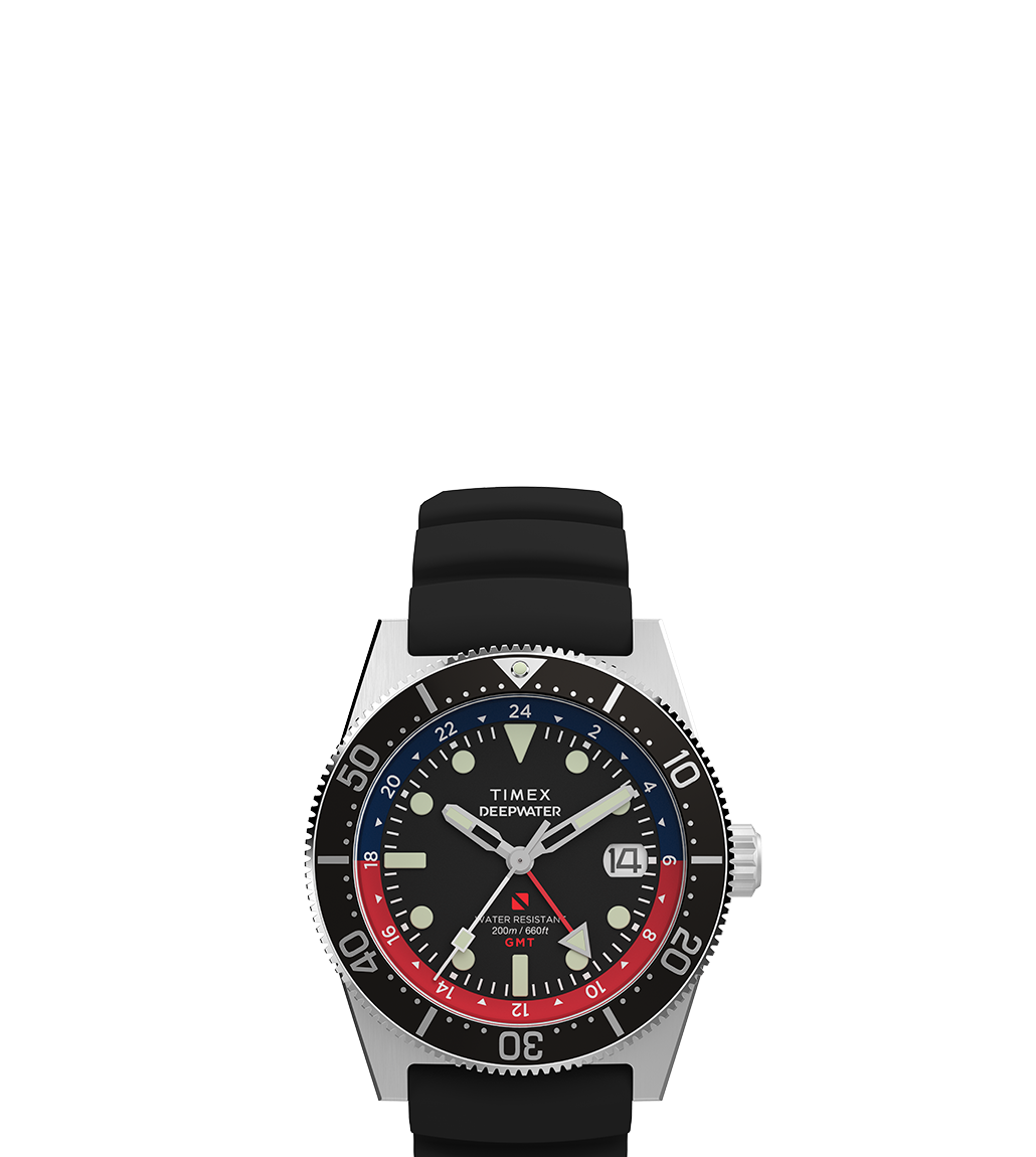 Rendered product image of the Timex Deepwater Reef 200 GMT on a white background, highlighting the full watch including bezel, dial, hands, and rubber strap in high clarity.